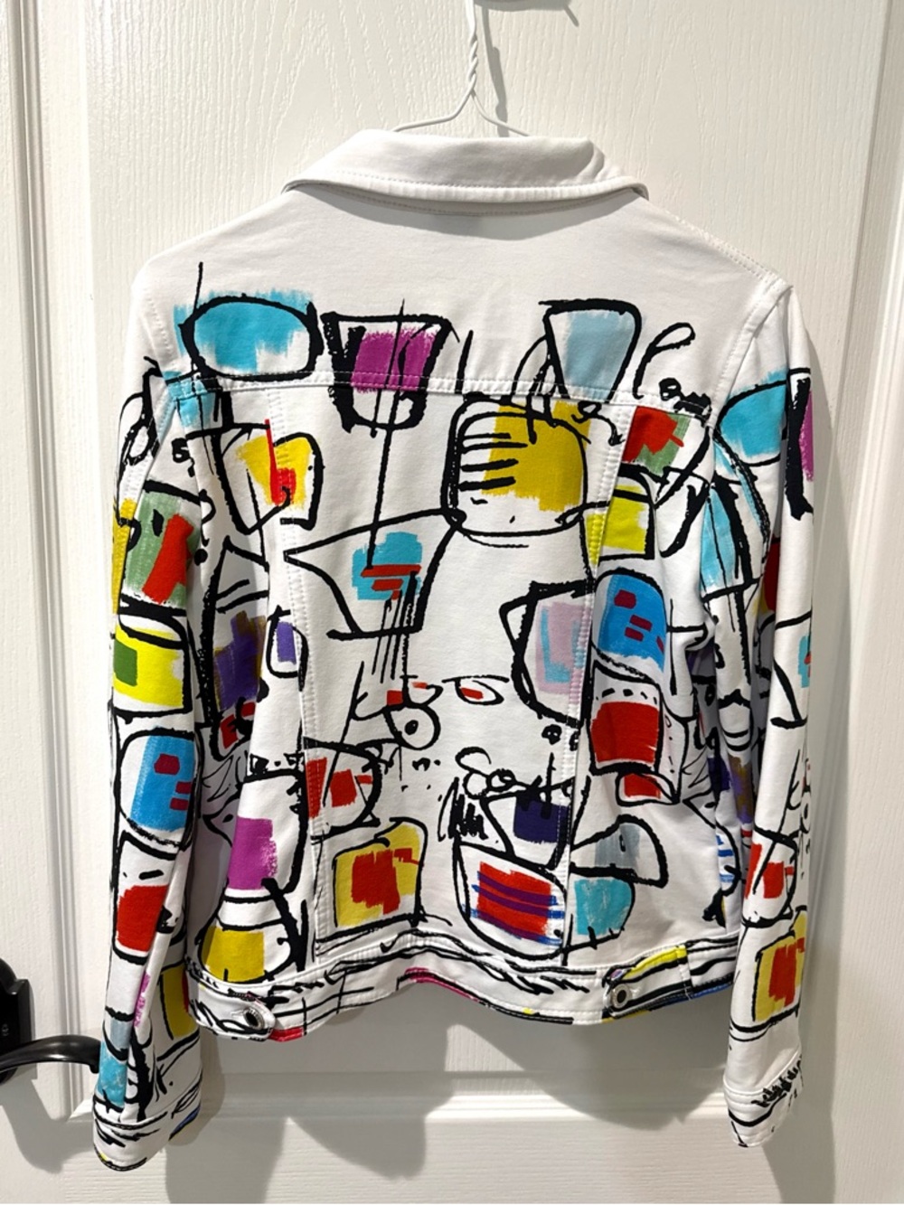 Dolcezza white jean jacket with vibrant abstract print by Luc Villard. Sz M - Picture 7 of 11
